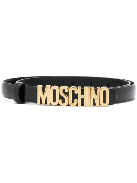 Click to view more detailed imagery on our partner's website Moschino Embellished Logo Plaque Belt In 0555 Black