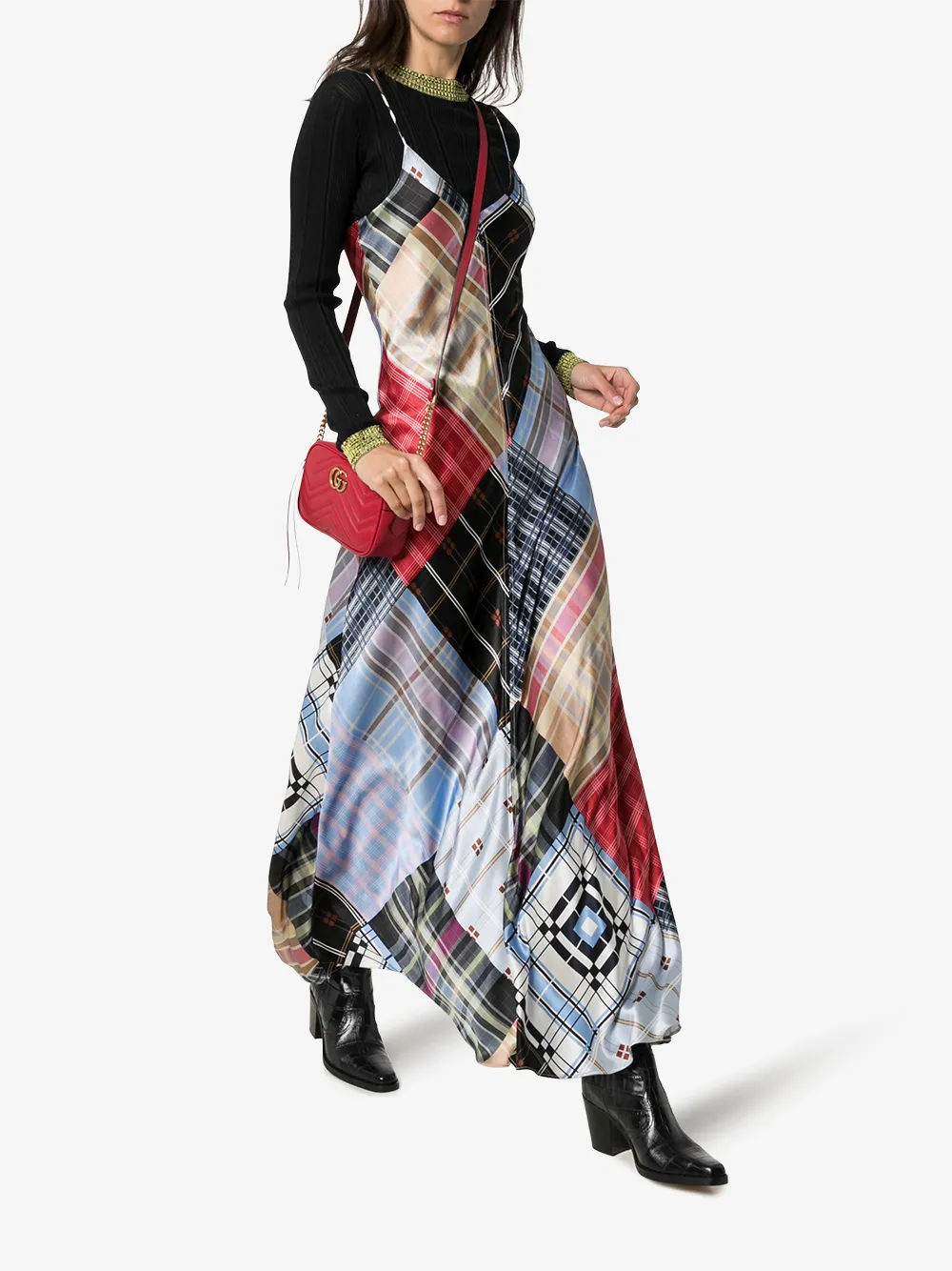 GANNI GANNI MIXED CHECK PRINT SILK MAXI DRESS,F441614378931