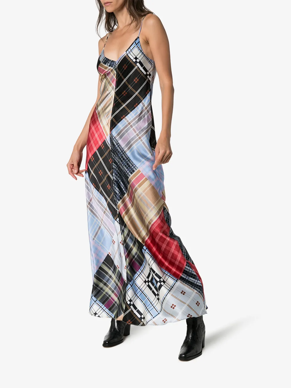 GANNI GANNI MIXED CHECK PRINT SILK MAXI DRESS,F441614378931