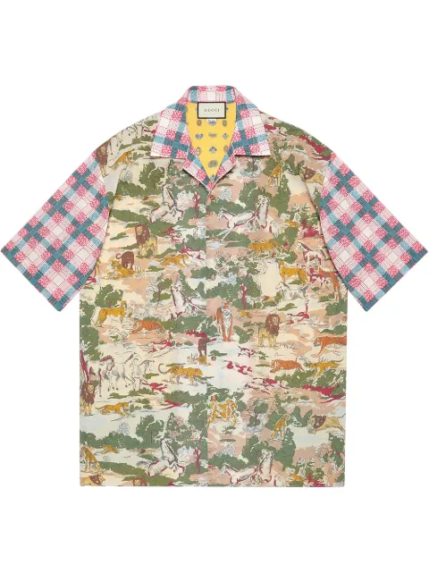 Click to view more detailed imagery on our partner's website Gucci Men's Feline-print Short-sleeve Oversized Sport Shirt In Black