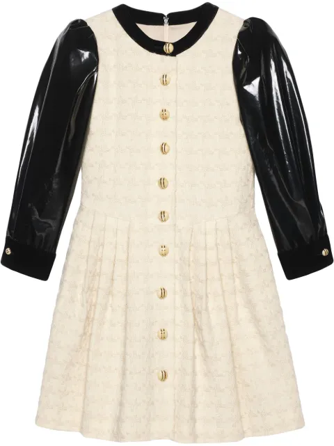 Click to view more detailed imagery on our partner's website Gucci Houndstooth Tweed Dress With Vinyl Sleeves In 9893