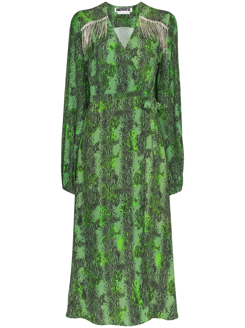 ROTATE BIRGER CHRISTENSEN KIRA CRYSTAL FRINGE WRAP DRESS