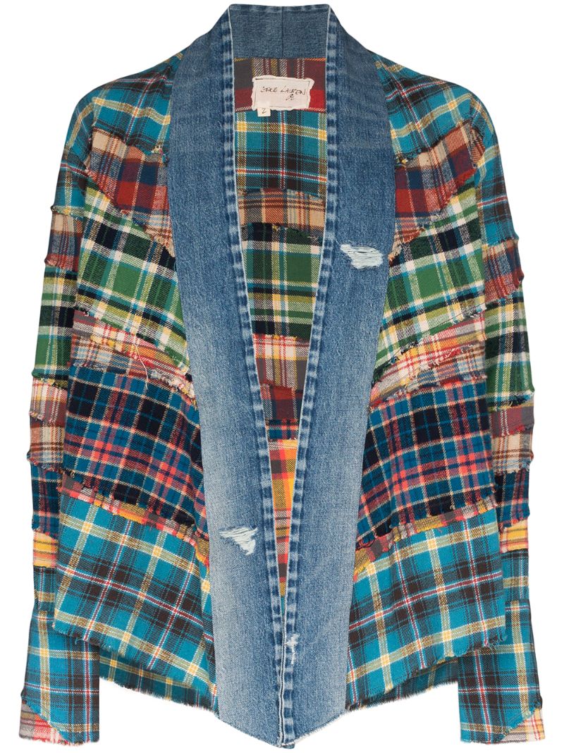 Shop Greg Lauren Patchwork Cardigan In Blue