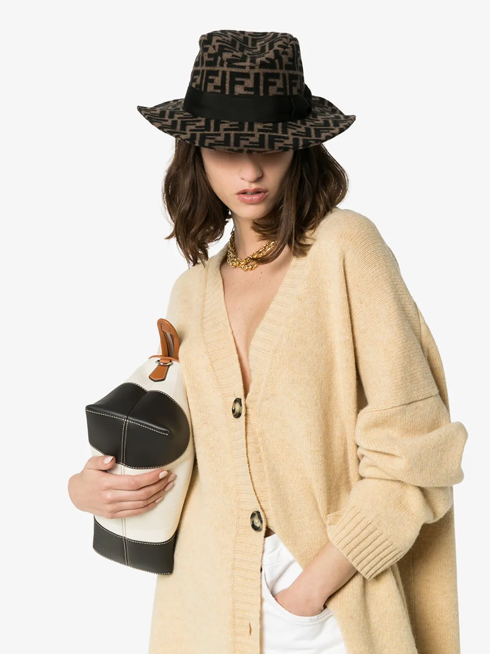 FENDI BROWN FF MOTIF FEDORA HAT