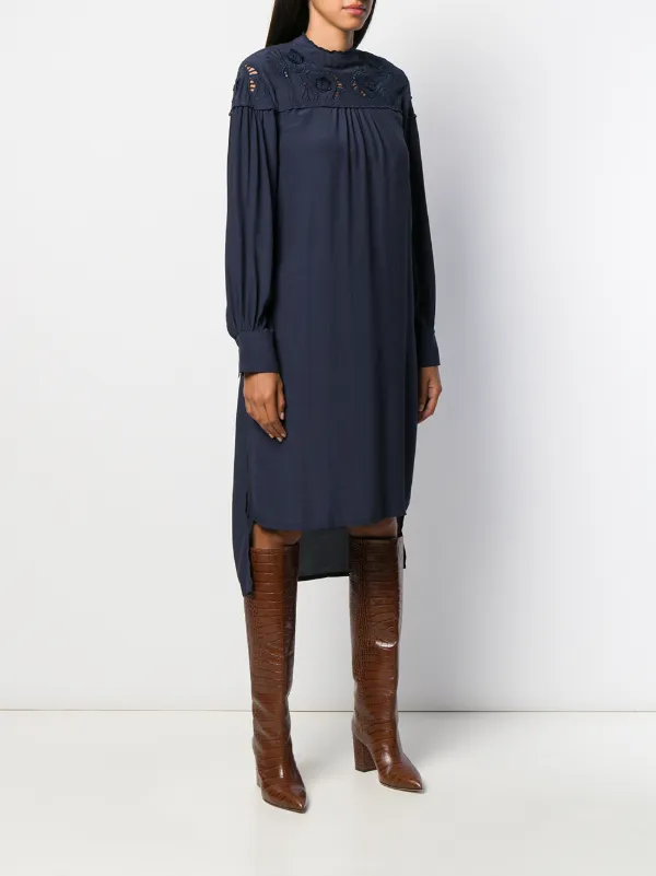 navy embroidered shift dress Isabel Marant Etoile Paris. Dark Navy Viscose Semi-Sheer Long Sleeve  Pleated Embroidered Shift Dress main image 0