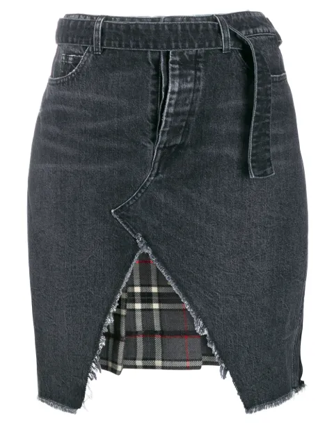 UNRAVEL PROJECT denim and plaid asymmetric skirt
