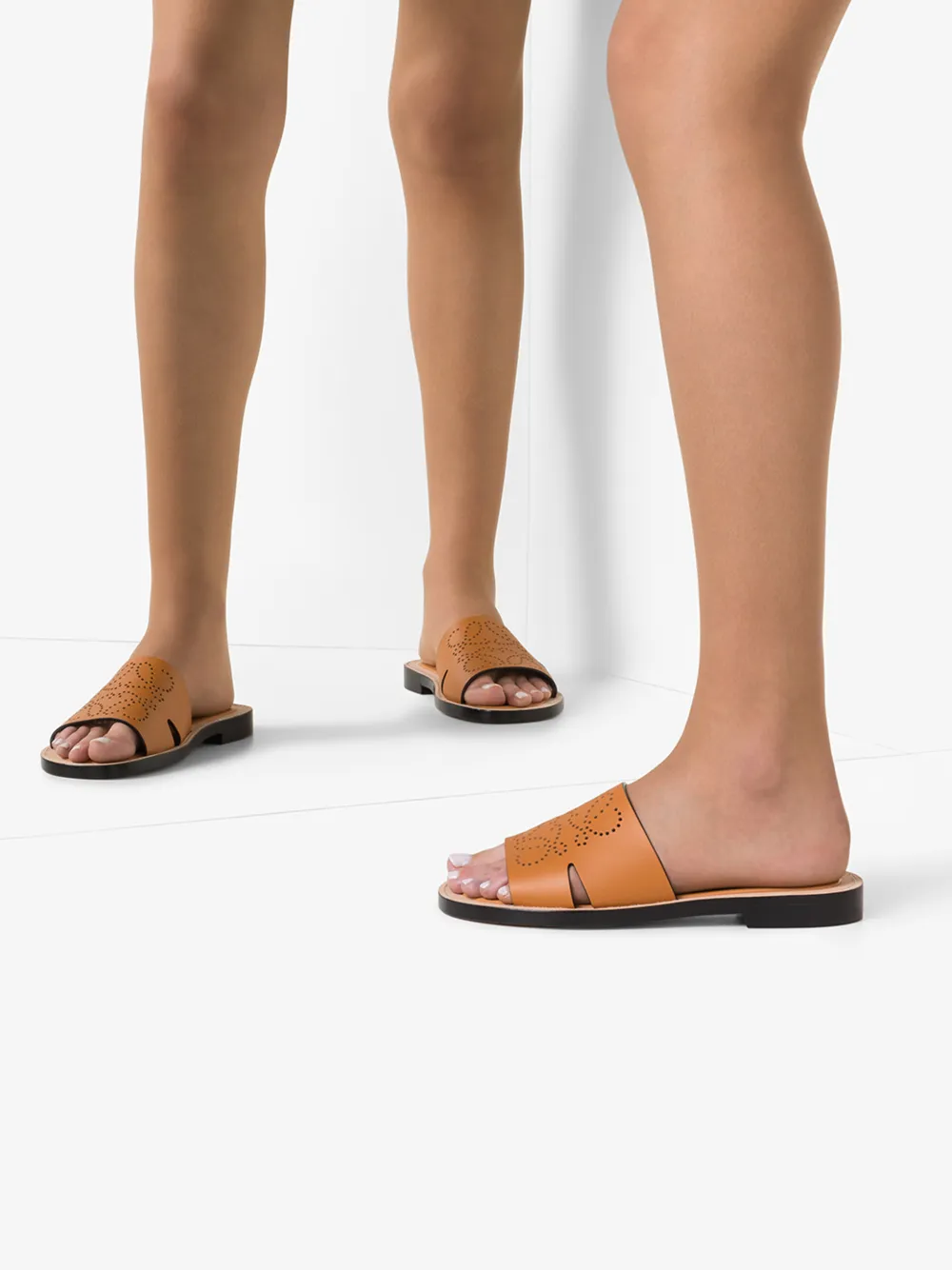 LOEWE LOEWE BROWN PERFORATED ANAGRAM LEATHER SANDALS,4531086014459550