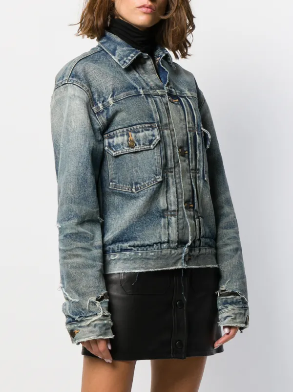 Saint Laurent Paris Black Shearling Lined Distressed Denim Jacket