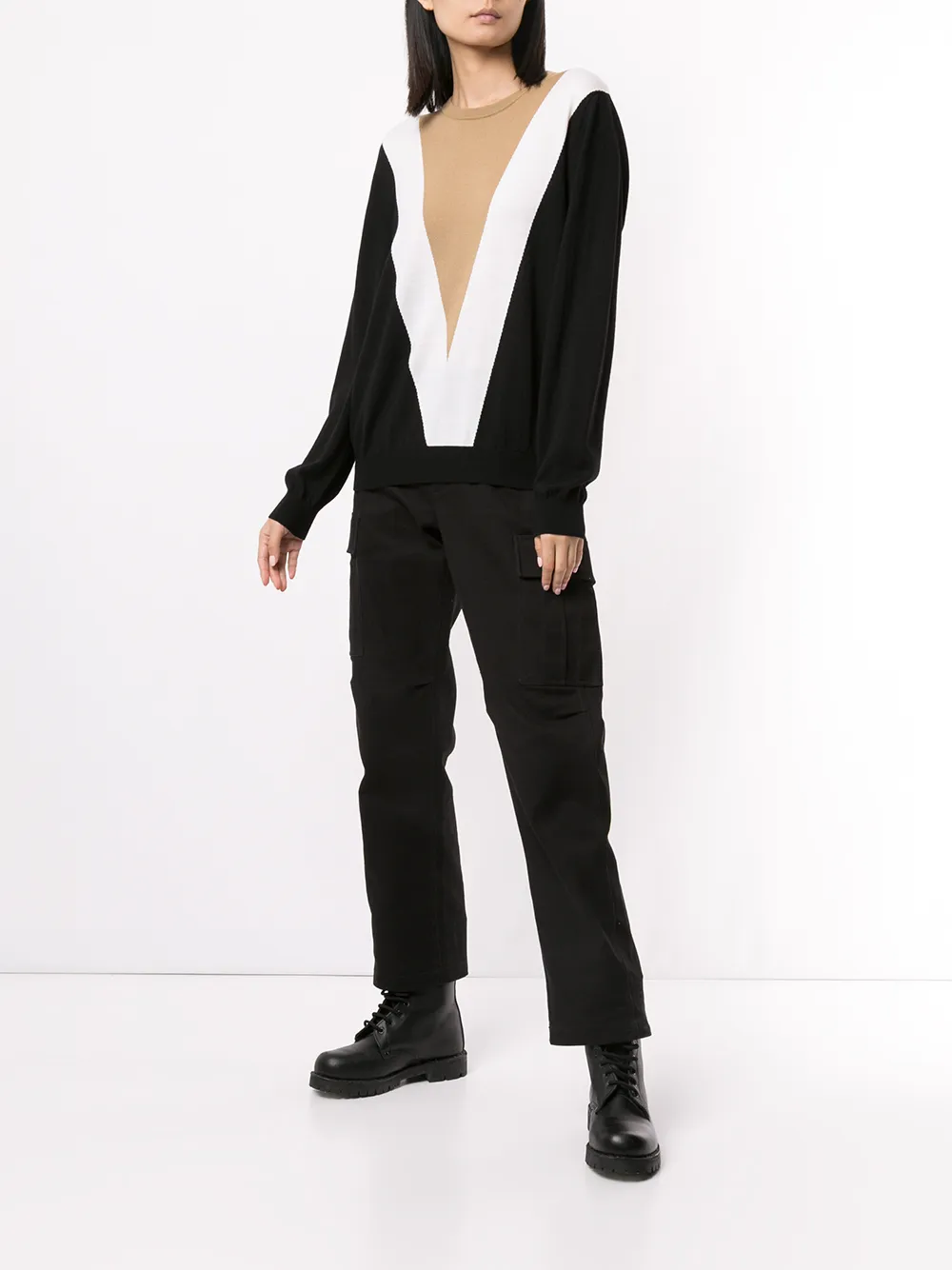  Ports V Pullover In Colour Block Optik   Schwarz 