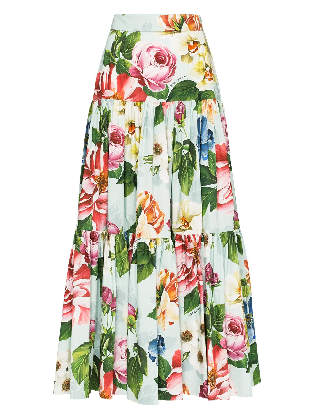 Dolce And Gabbana Tiered Floral Print Cotton Poplin Maxi Skirt In Blue