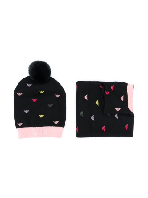 black bobble hat and scarf