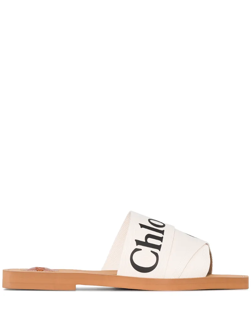 chloe woody flat logo ribbon slide sandals