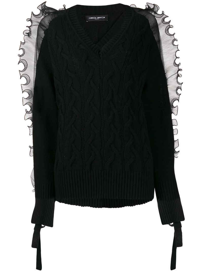 Frankie Morello Ruffled Trim Cable-knit Jumper In Black