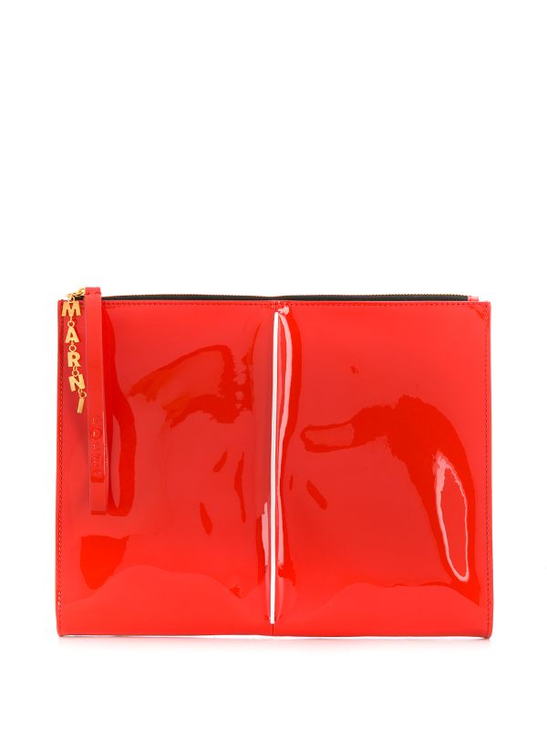 red patent clutch bag