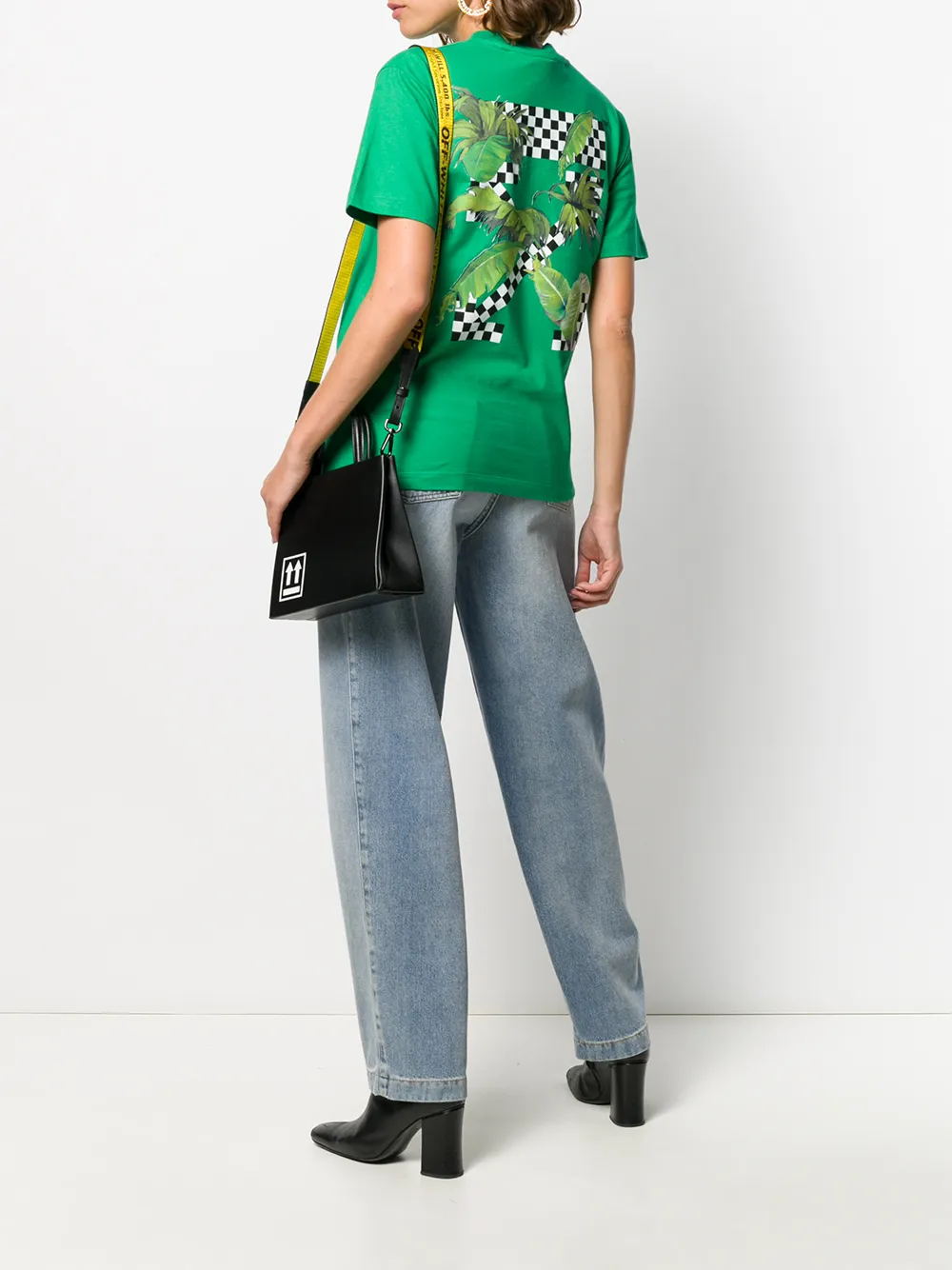  Off White T Shirt Mit Tropischem Print   Grün 
