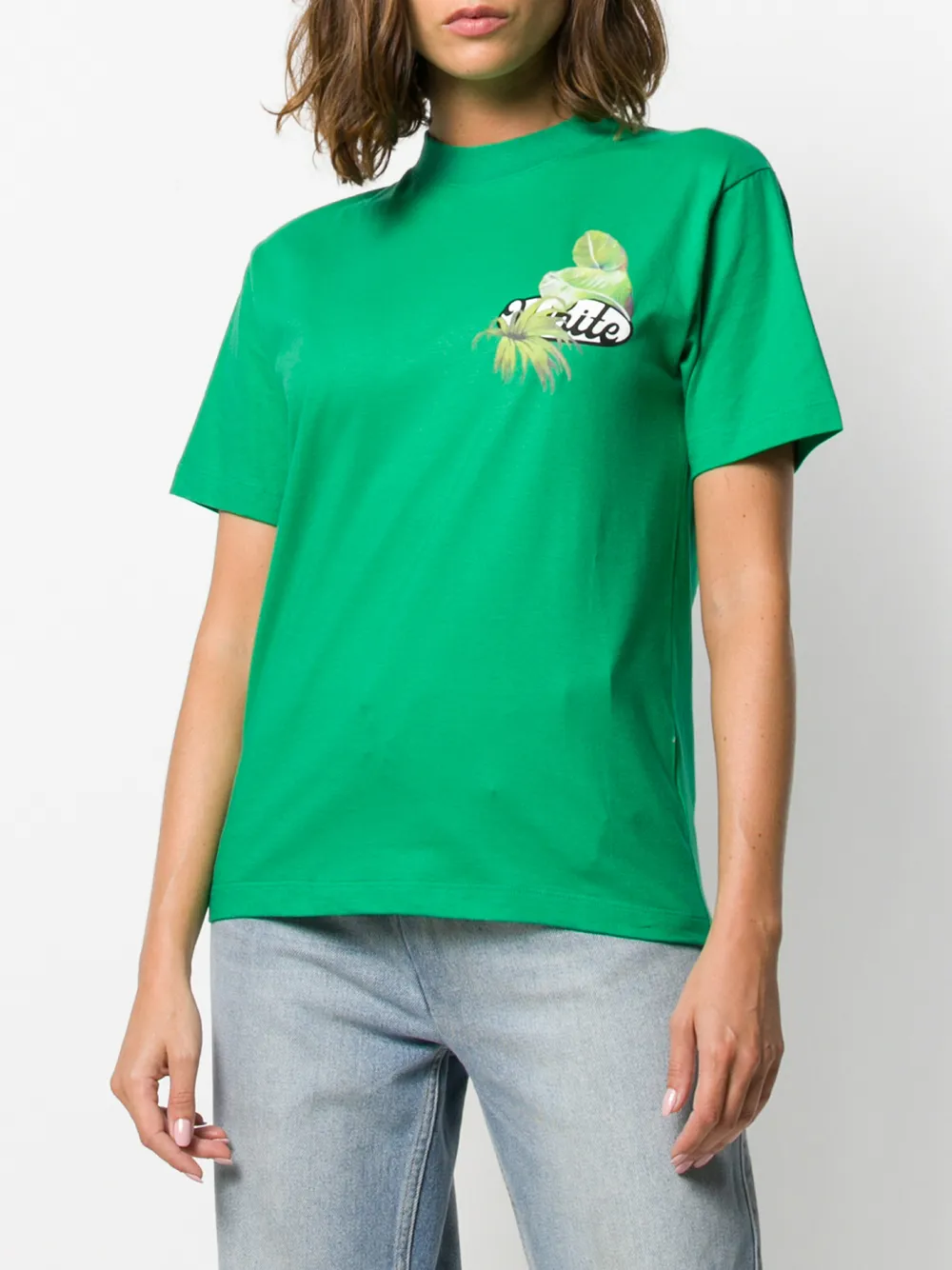  Off White T Shirt Mit Tropischem Print   Grün 