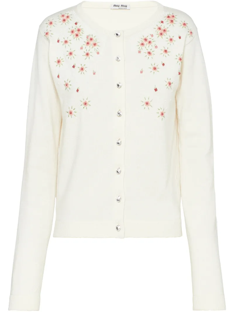Miu Miu Floral Embroidered Crystal Embellished Cardigan In White ModeSens