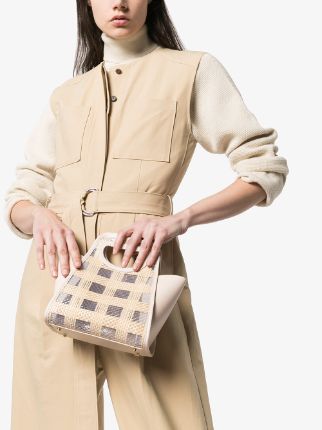 neutral Cupidon small leather and raffia tote bag展示图