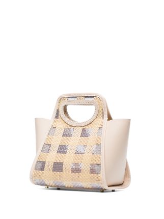 neutral Cupidon small leather and raffia tote bag展示图