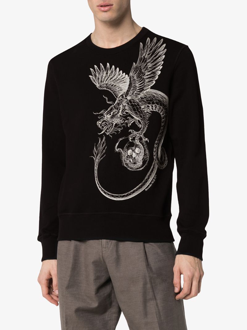 Shop Alexander Mcqueen Crew Neck Dragon Print Sweatshirt In Black