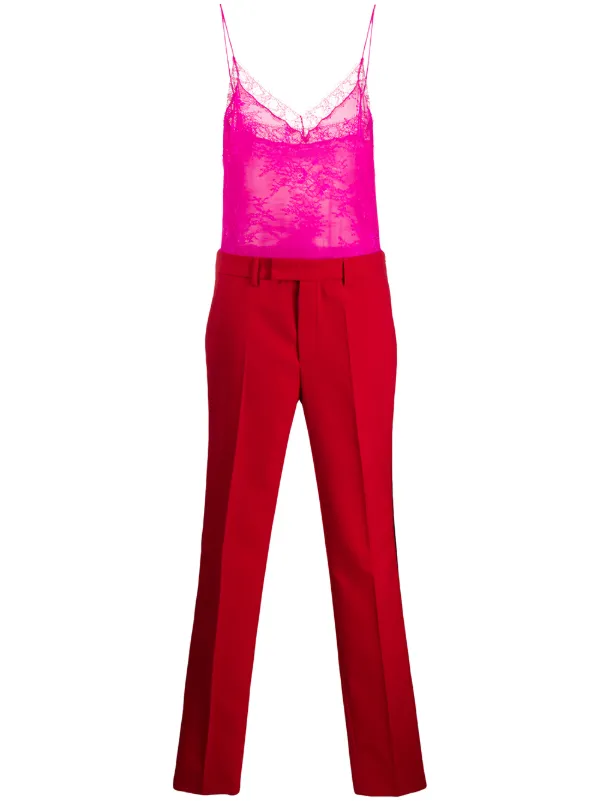 red and pink jumpsuit