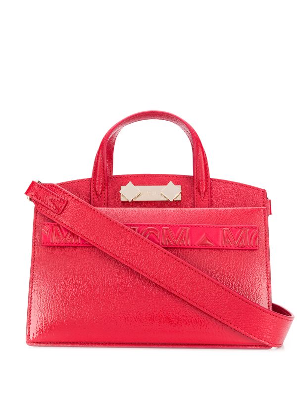 red mcm tote bag