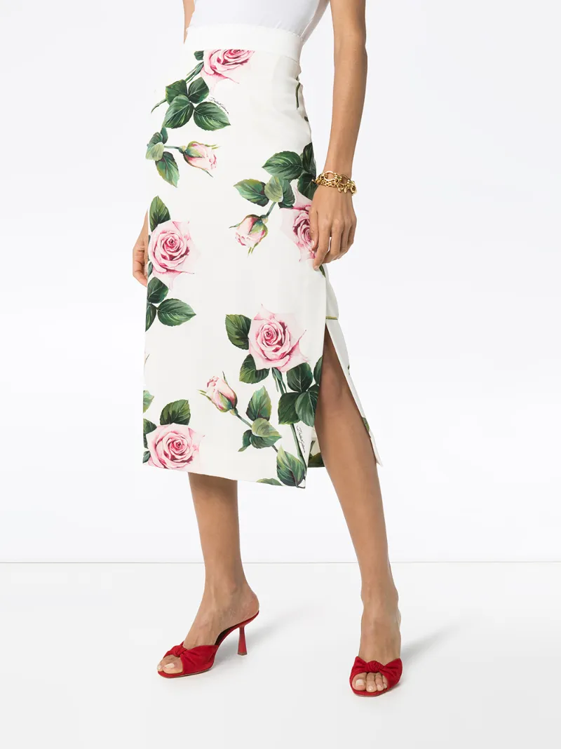 DOLCE & GABBANA CHARMEUSE FLORAL-PRINT MIDI SKIRT