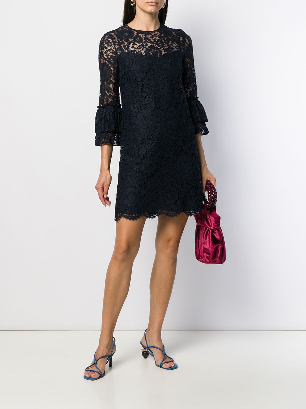 Shop Valentino Flared Floral Lace Mini Dress In Blue
