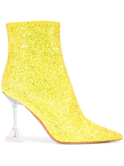 Click to view more detailed imagery on our partner's website Amina Muaddi Yellow Georgia 95 Glitter Plex Heel Boots