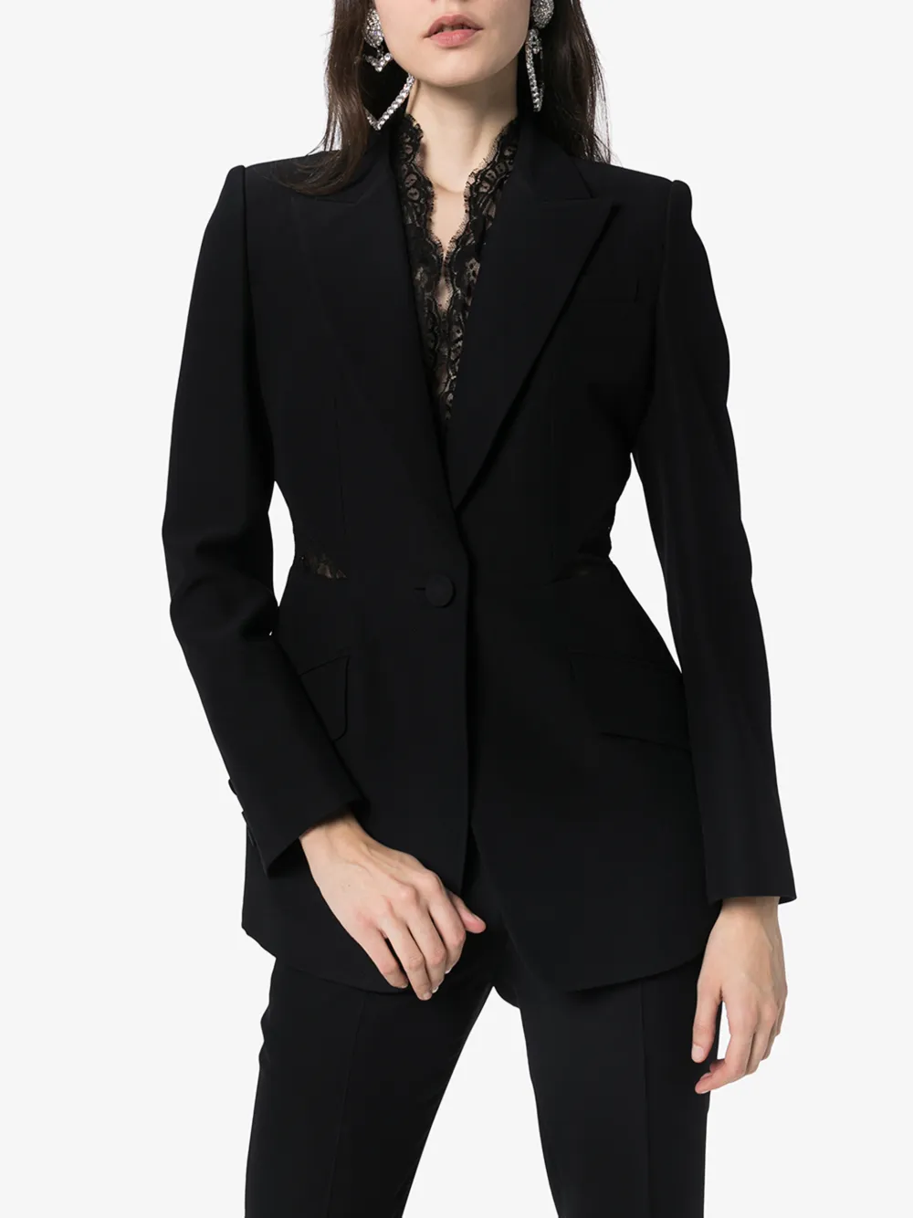 ALEXANDER MCQUEEN ALEXANDER MCQUEEN WOMENS BLACK LACE INSERT SINGLE-BREASTED BLAZER,607334QEAAA14570473