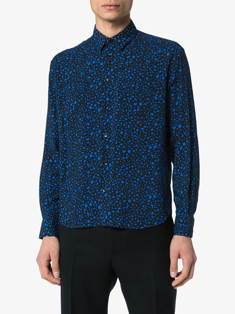 Shop Saint Laurent Dot-print Long-sleeved Shirt In Black