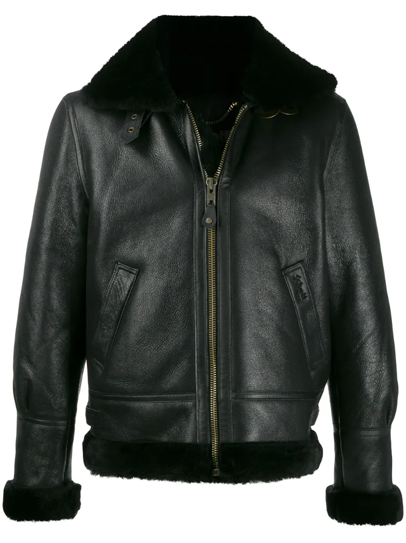 Schott Funnel Neck Shearling Aviator Jacket In Black ModeSens