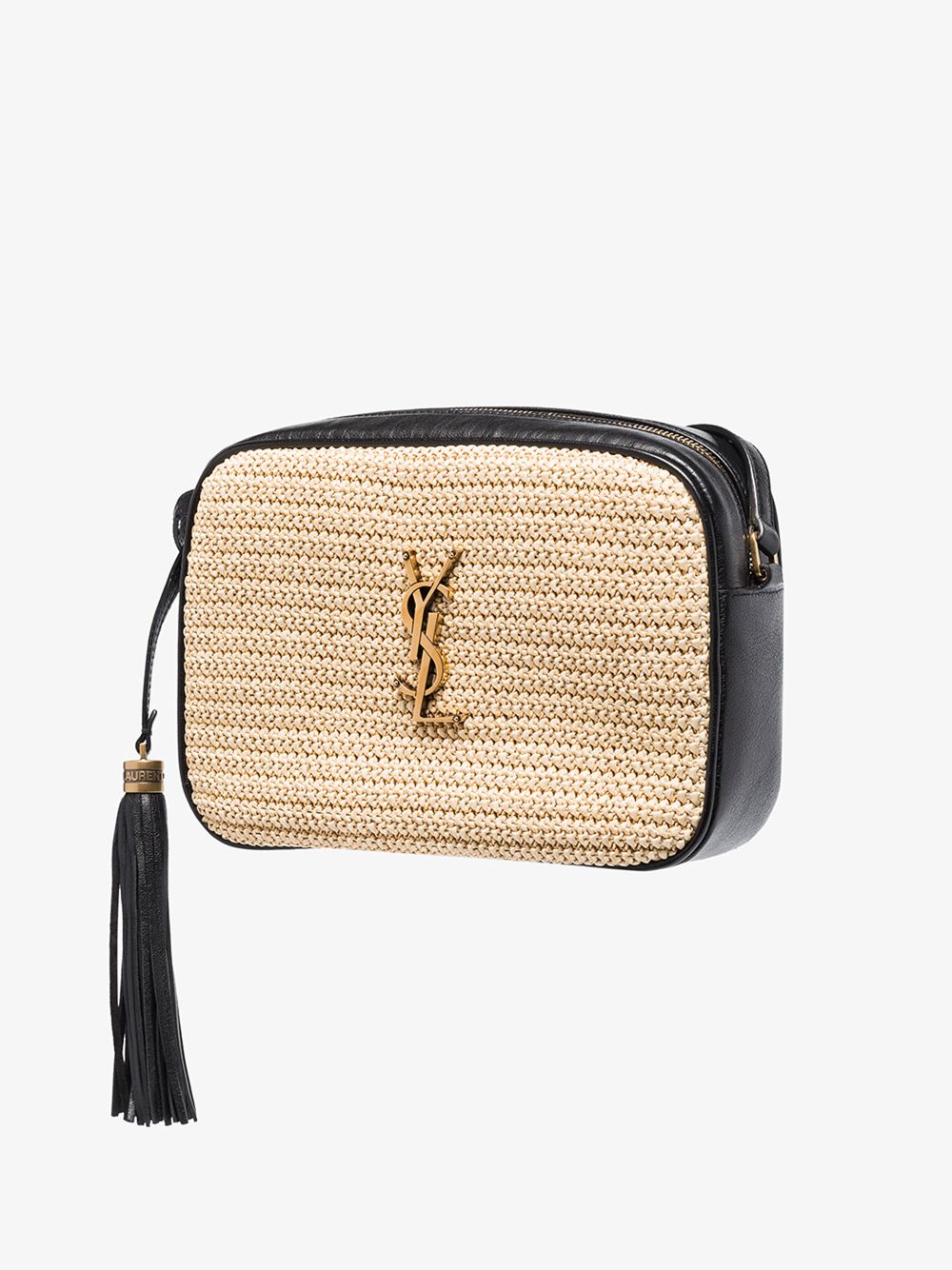 Saint Laurent Raffia Panelled Lou Camera Bag in Black