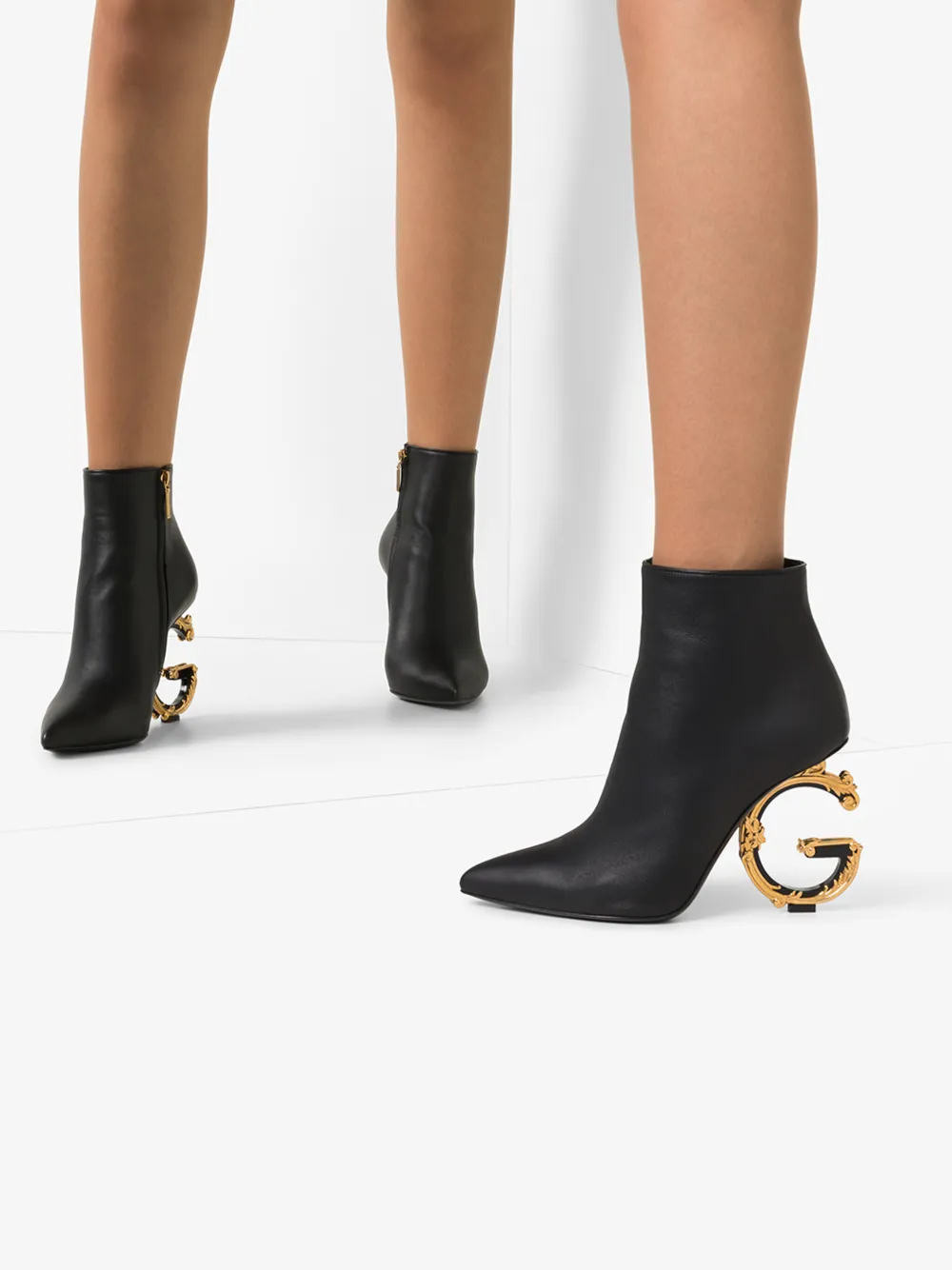 DOLCE & GABBANA BLACK 105 DG BAROQUE LOGO HEEL LEATHER ANKLE BOOTS,CT0635AV96714575021