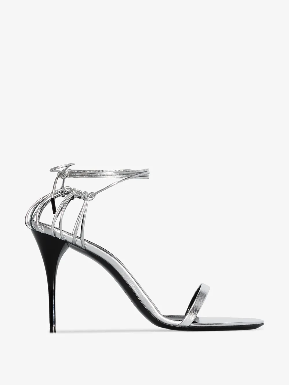 SAINT LAURENT SAINT LAURENT WOMENS SILVER LEXI 90 ANKLE TIE LEATHER SANDALS,6064930XQ0014575022