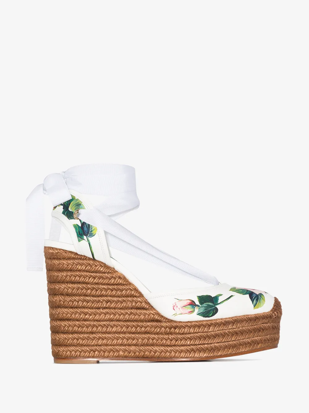 DOLCE & GABBANA WHITE 90 FLORAL LEATHER ESPADRILLE WEDGE SANDALS,CZ0230AX36514575048