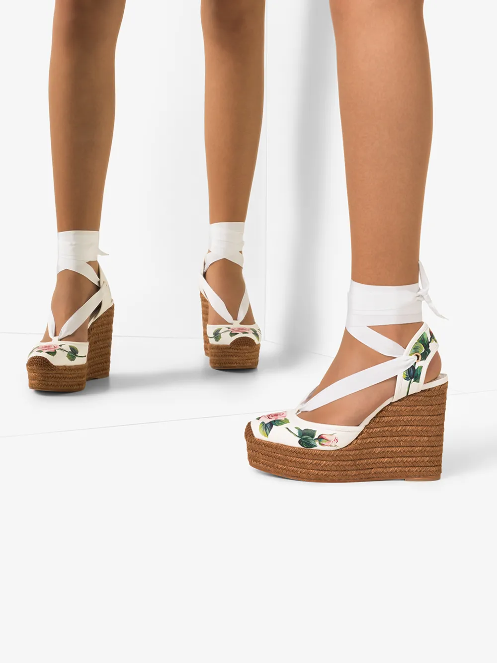 DOLCE & GABBANA WHITE 90 FLORAL LEATHER ESPADRILLE WEDGE SANDALS,CZ0230AX36514575048
