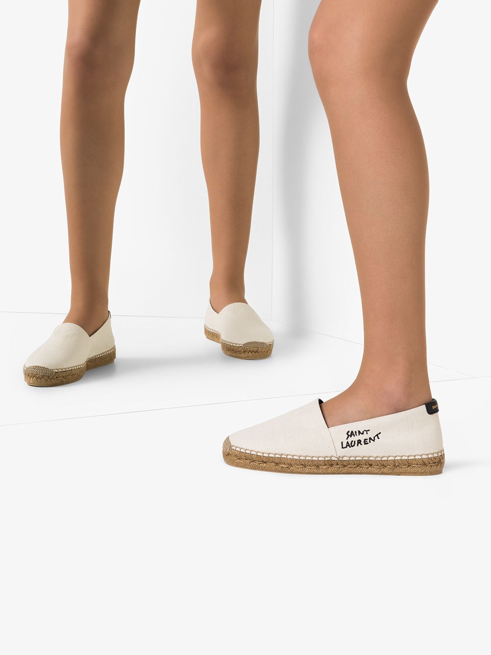 фото Saint laurent neutral logo embroidered canvas espadrilles