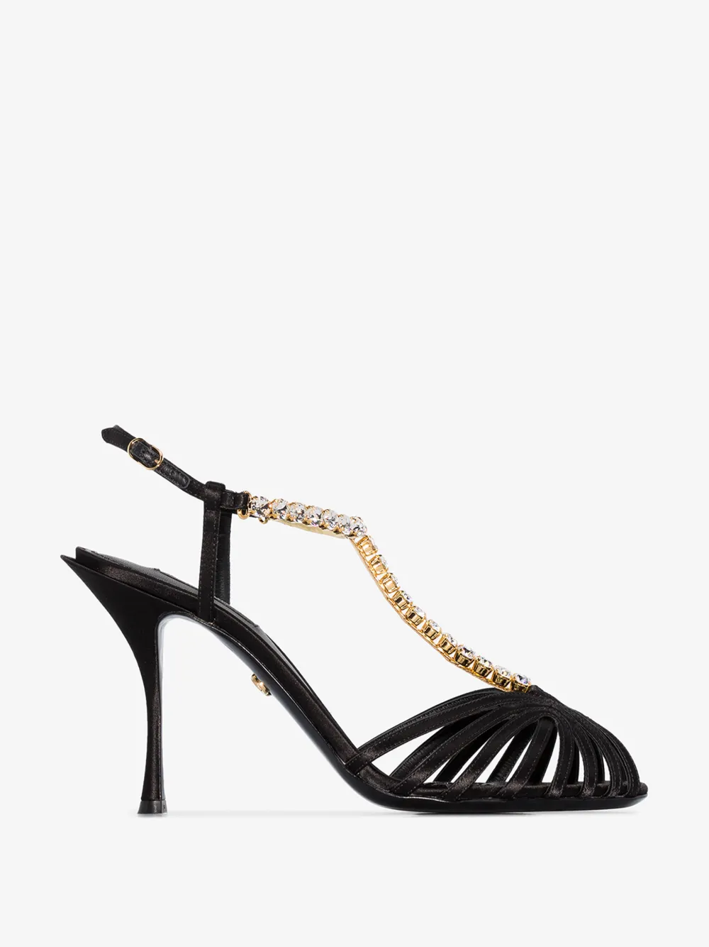 DOLCE & GABBANA BLACK 90 CRYSTAL T-BAR SILK SATIN SANDALS,CR0963A763014575367