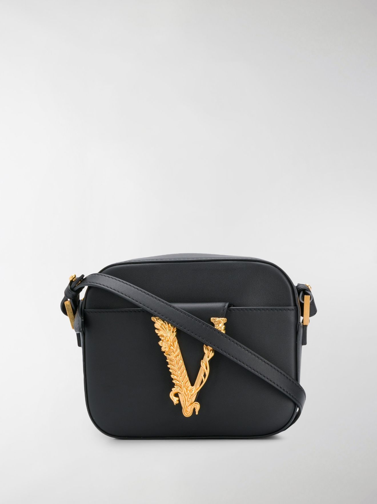 Versace Virtus Camera Crossbody Bag Black in Leather with Gold-tone - US