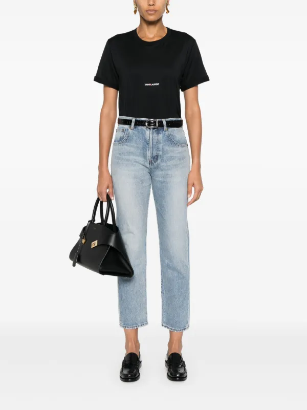 Tシャツ・カットソー SAINT LAURENT Women Tops 824091Y37HC 1000 BLACK Saint Laurent logo-print T-shirt | Black | FARFETCH