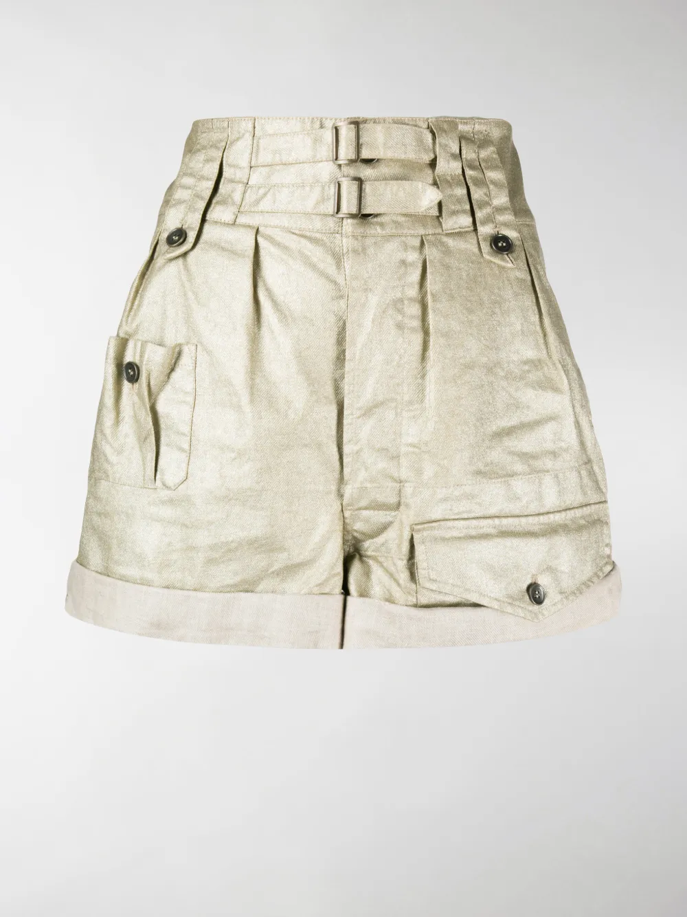 Saint Laurent Buckled Metallic Linen Shorts In Neutrals