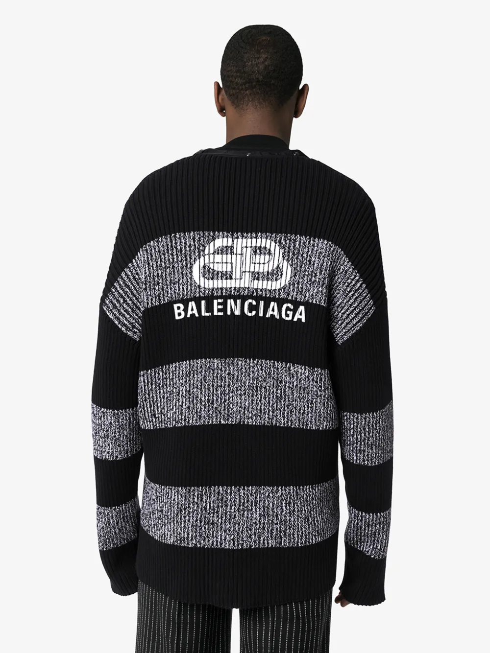 BALENCIAGA BALENCIAGA STRIPED LOGO RIBBED COTTON CARDIGAN,606898T316214590697