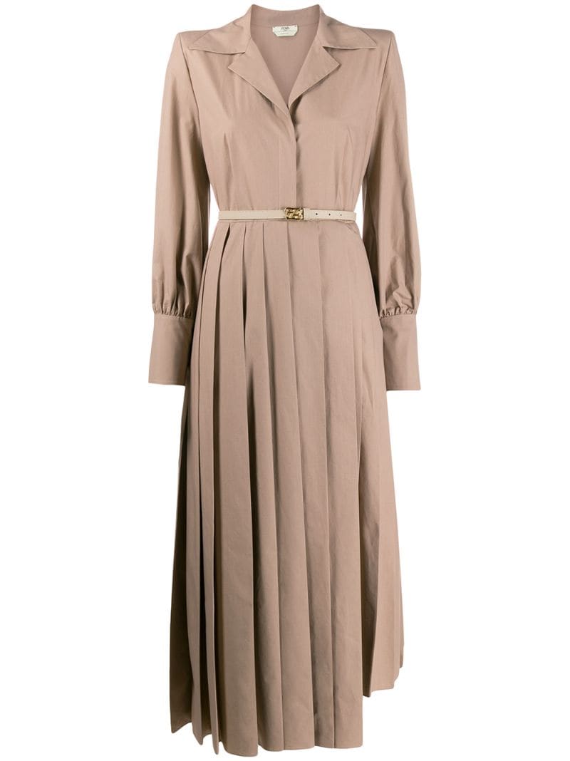 Fendi Pleated Shirt Dress In Neutrals