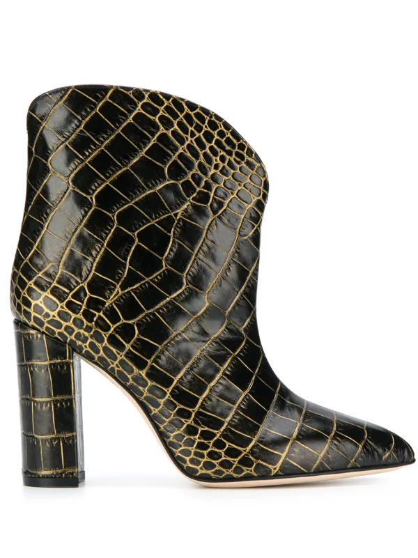 black chunky croc embossed ankle boots