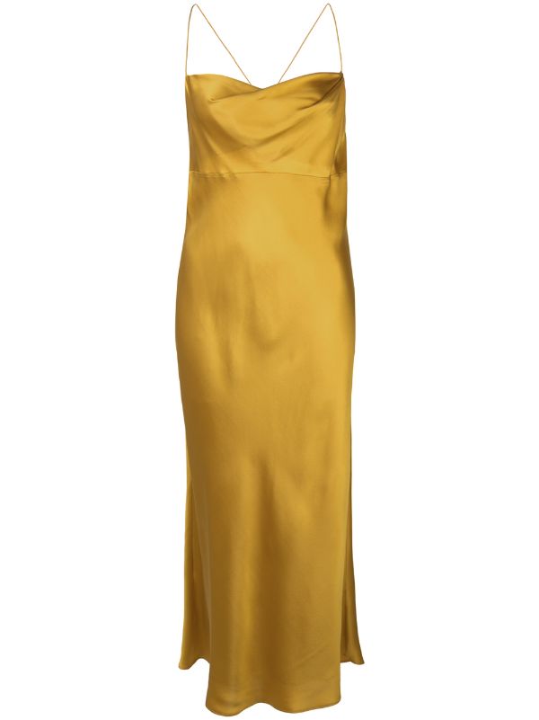 yellow satin cowl neck dress