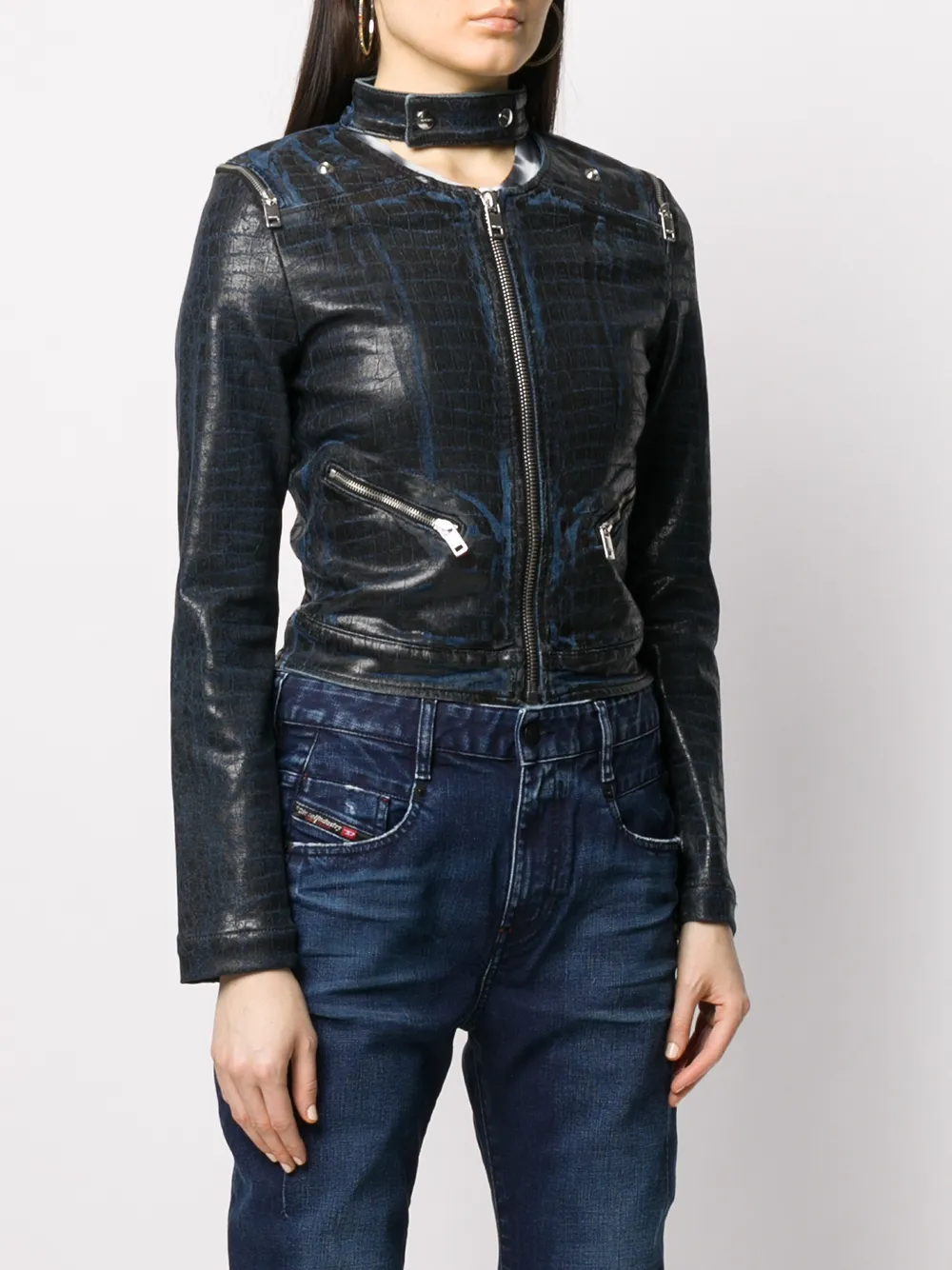  Diesel Bikerjacke Mit Kroko Effekt   Blau 