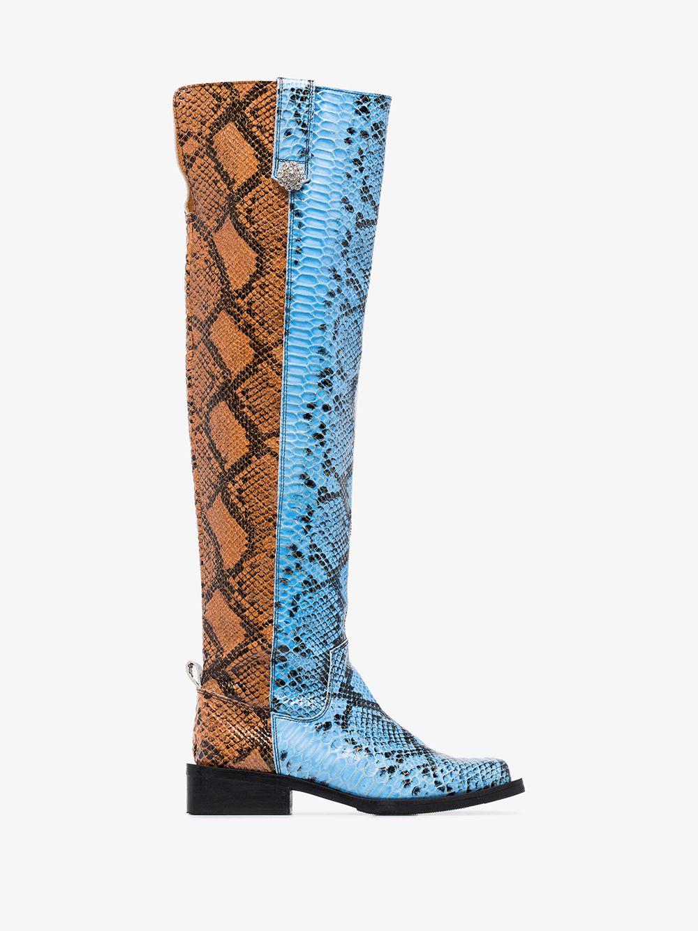 GANNI BLUE AND BROWN 40 SNAKE PRINT KNEE-HIGH BOOTS,S120614614257