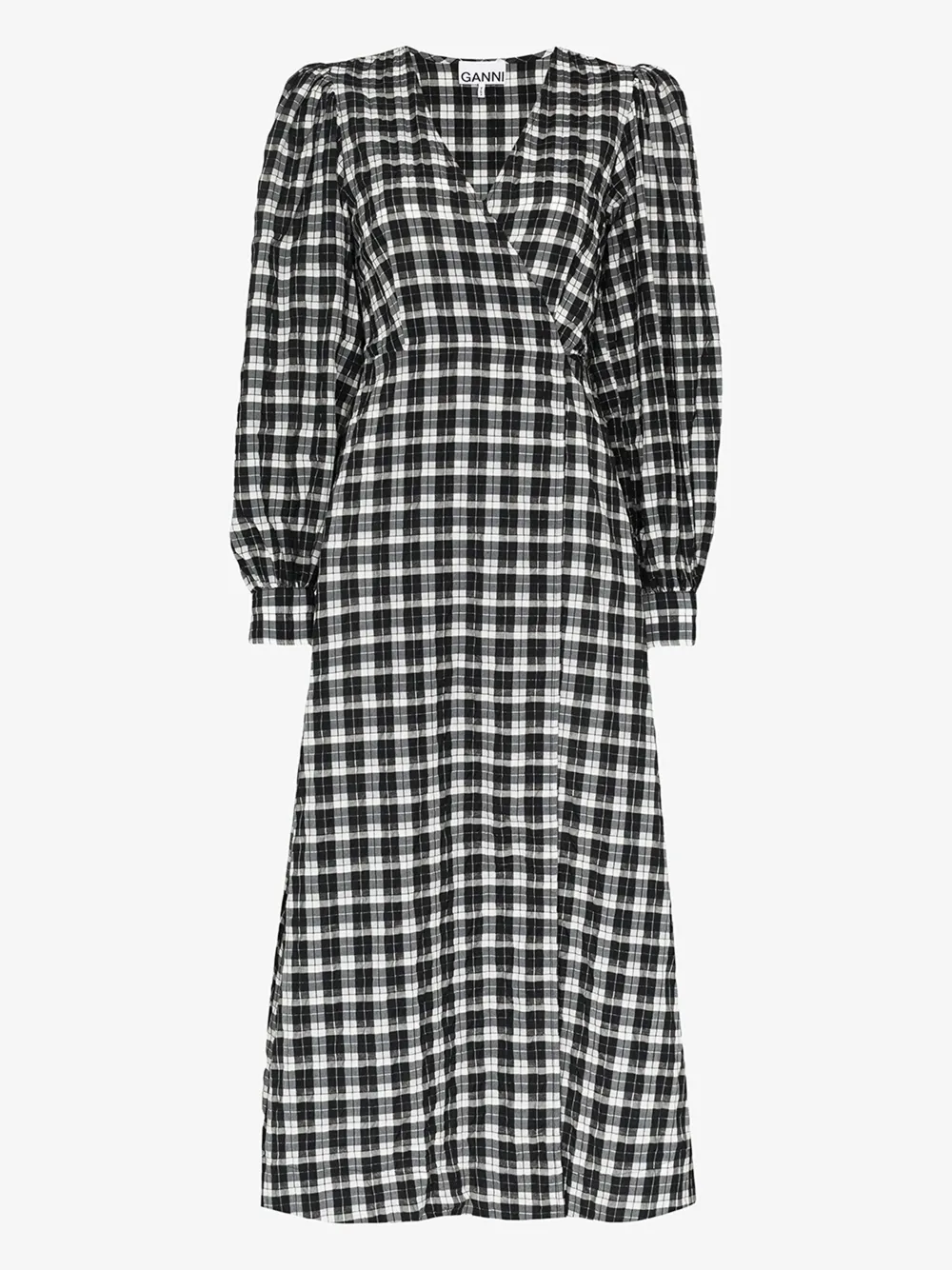 GANNI SEERSUCKER CHECK WRAP MIDI DRESS,F496014614323