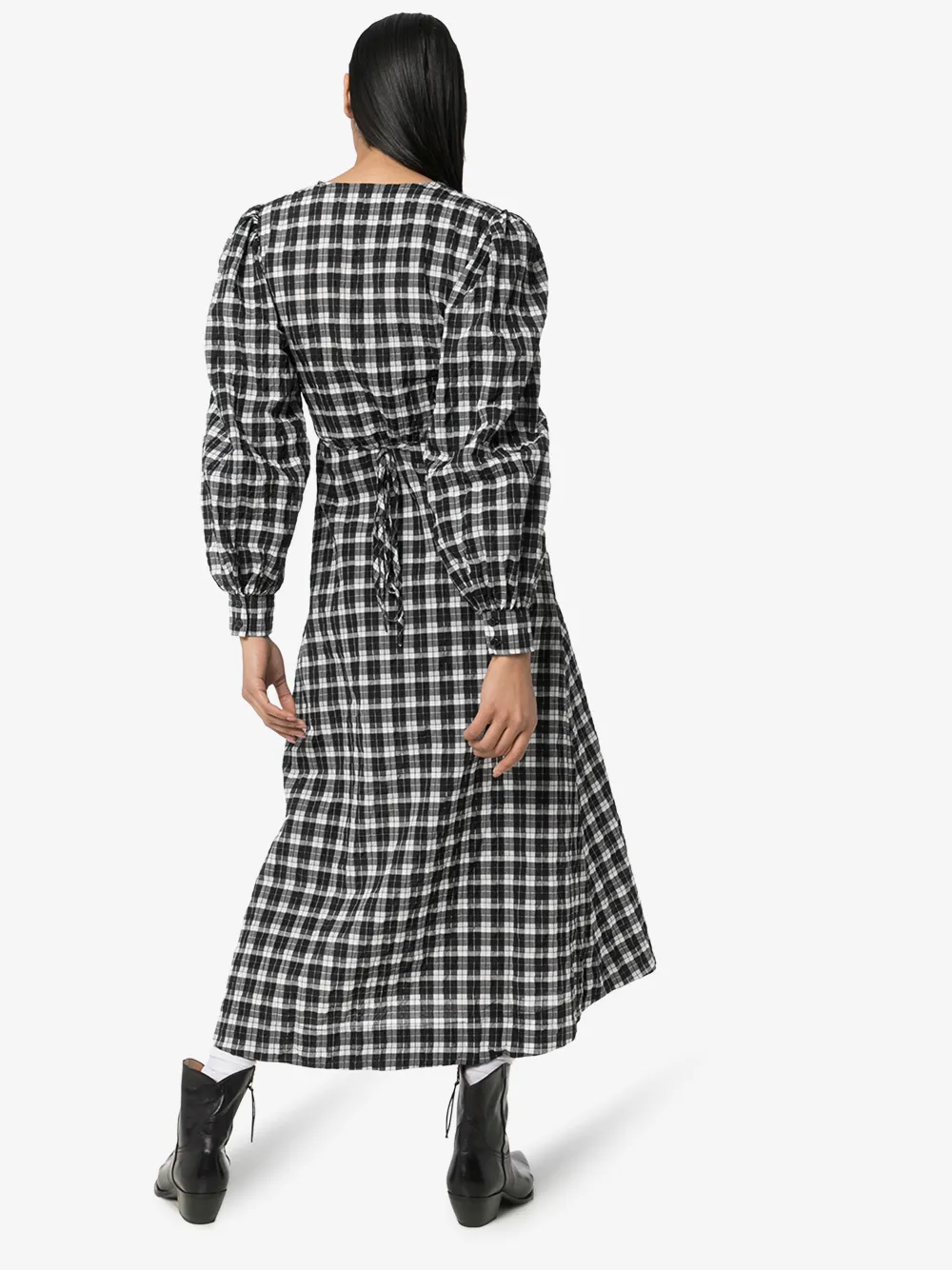 GANNI SEERSUCKER CHECK WRAP MIDI DRESS,F496014614323